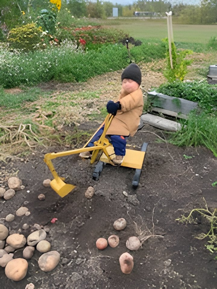 Bedrock Digger at work in a garden, digging potatoes